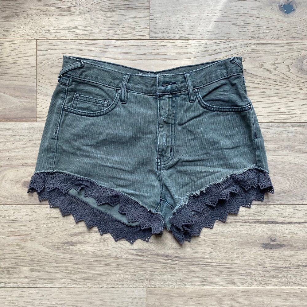 Free People black denim short with  lace hem